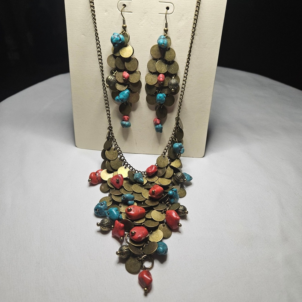 Coin Bib Necklace Earring Set OS Gold Turquoise Coral‎ Boho Statement